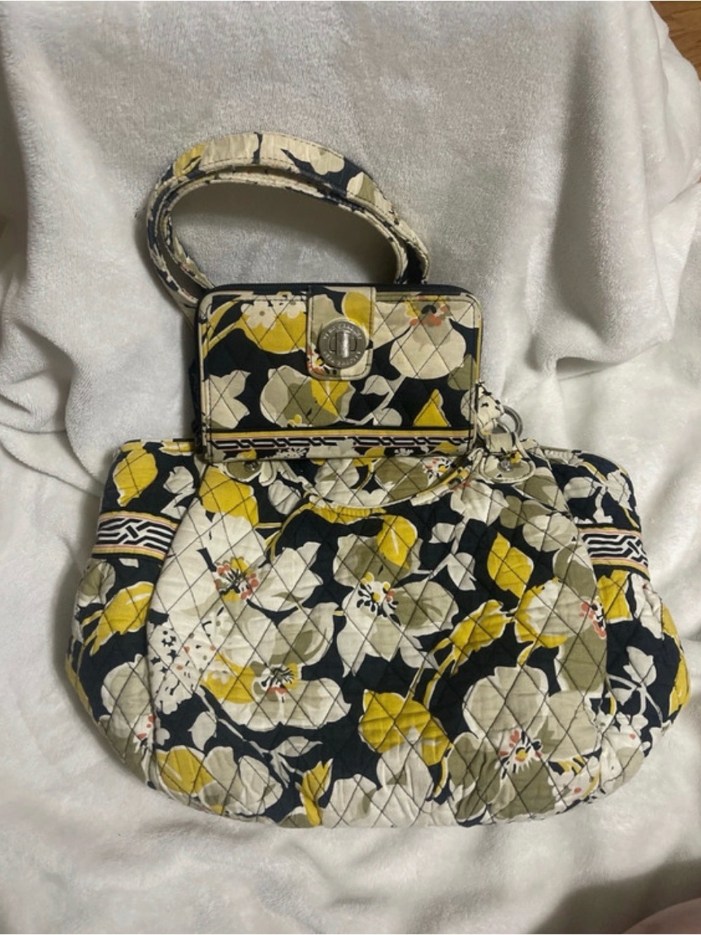 Vera Bradley Quilted Floral Shoulder Bag in Yellow, Black & Cream